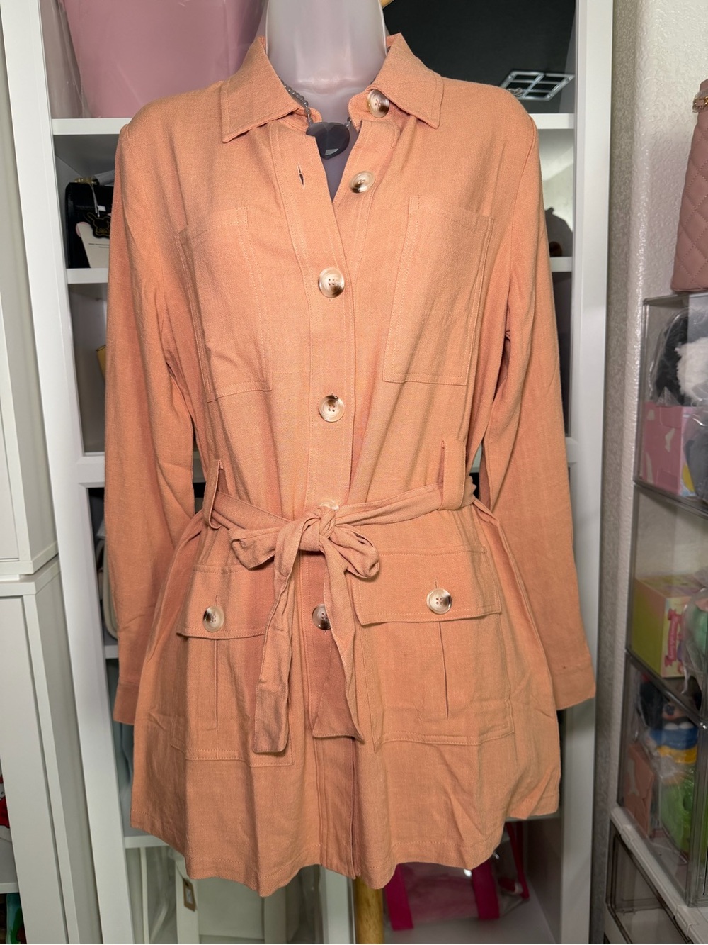 Women's Peach Button-Front Belted Jacket